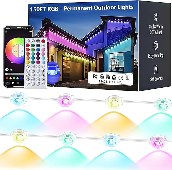RGB Permanent Outdoor Lights, Smart APP & Remote Control, IP67 Waterproof, for Eaves, Patio, Yard, Party, Villa, 16 Million Colors & Scene Modes
