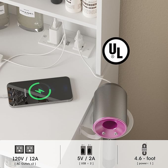 Vabches Vanity, Makeup Vanity Desk Set with Mirror & Light, Dressing Table Storage Lots with Power Strip, 3 Lighting Modes with Adjustable Brightness, 37 Inches (White) (White with Stool)
