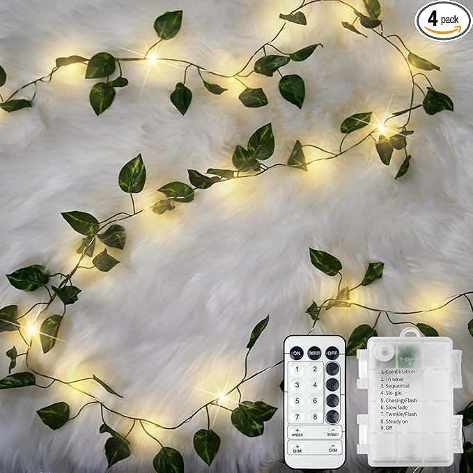 4 Pack Vines with Fairy Lights 40ft 120 LED Pothos String Lights USB Plugin & Battery Operated Leaf Lights with Timer 8 Modes Remote Decorative Light for Bedroom Wedding Party - Warm White