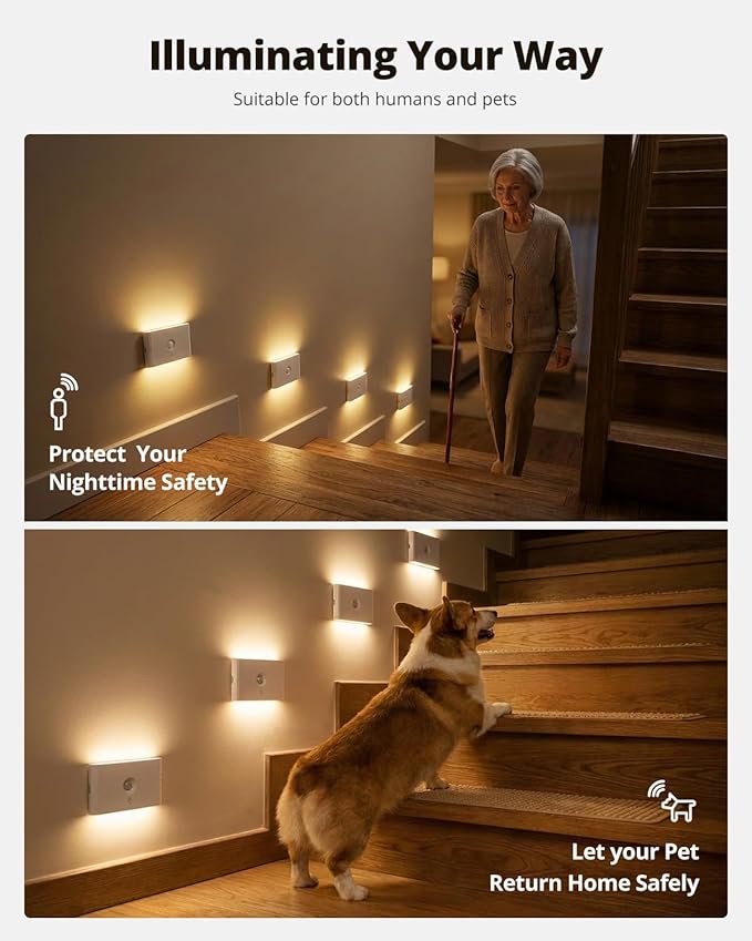 wowatt Rechargeable Motion Sensor Stair Light, White Night Lights with Magnetic Mount, Dimmable Stair Lights Indoor for Stairway, Hallway, Kitchen, Bathroom(6 Packs)