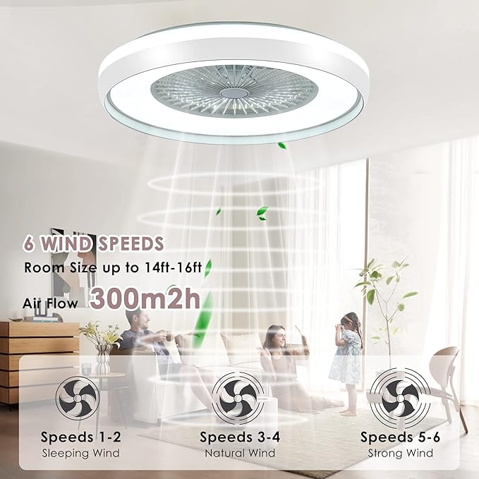 24" Bladeless Ceiling Fan with Light Remote, Smart LED Ceiling Fans with App Control, Modern Low Profile Dimmable Light Ceiling Fan for Bedroom Living Room White