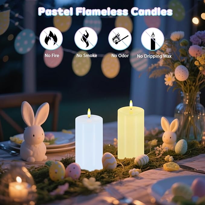 Pastel Flameless Candles, Set of 2 6"x3" Flickering Spring LED Candles with Remote & Timer, Dimmable Real Wax Easter Pillar Candles Battery Operated, Electric Candles for Home Spring Easter Decor