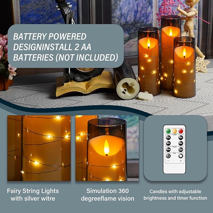 Flameless Candles with Embedded Star String, Battery Operated LED Pillar Candles with Timer and Remote Control,Home Decorating for Ambiance， Set of 9(Grey)