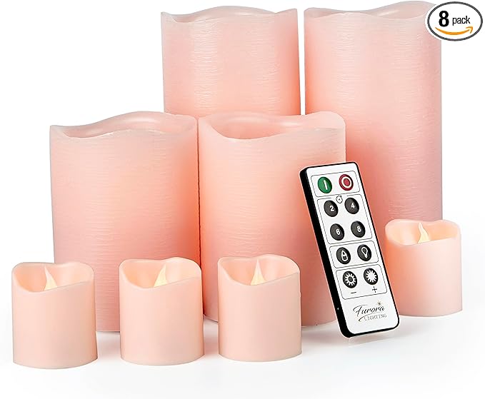 FURORA LIGHTING Pink Real Wax Flameless Candles with Remote and Timer, 4 Pillars and 4 Votives Pack of 8, LED Flickering Candles for Home Décor, Battery Included