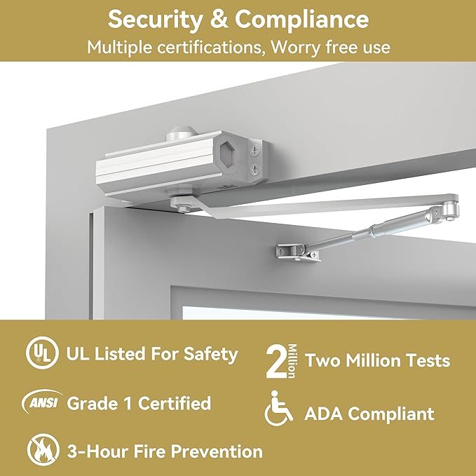 Automatic Door Closer Heavy Duty Spring Size 2 Hydraulic Aluminum Alloy UL 3-Hour Fire Rating Surface Mounted Residential Commerical Door Closures Adjustable Speed Door Weights 88-144 Lbs
