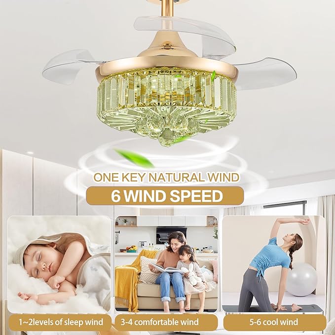 30" Retractable Crystal Ceiling Fan with Light, RGB Modern Fandelier 6 Speeds Reversible Blades Dimmable Chandelier Ceiling Fan with Remote App Control Memory Timer Gold