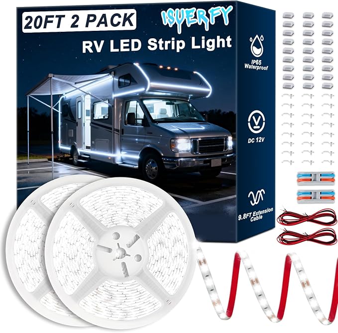 RV Awning LED Lights 2 Pack, 12V 20FT Camper Lights for Motorhome Travel Trailer Concession Stands Food Trucks, IP65 Waterproof RV Exterior Underglow Light, Daylight White