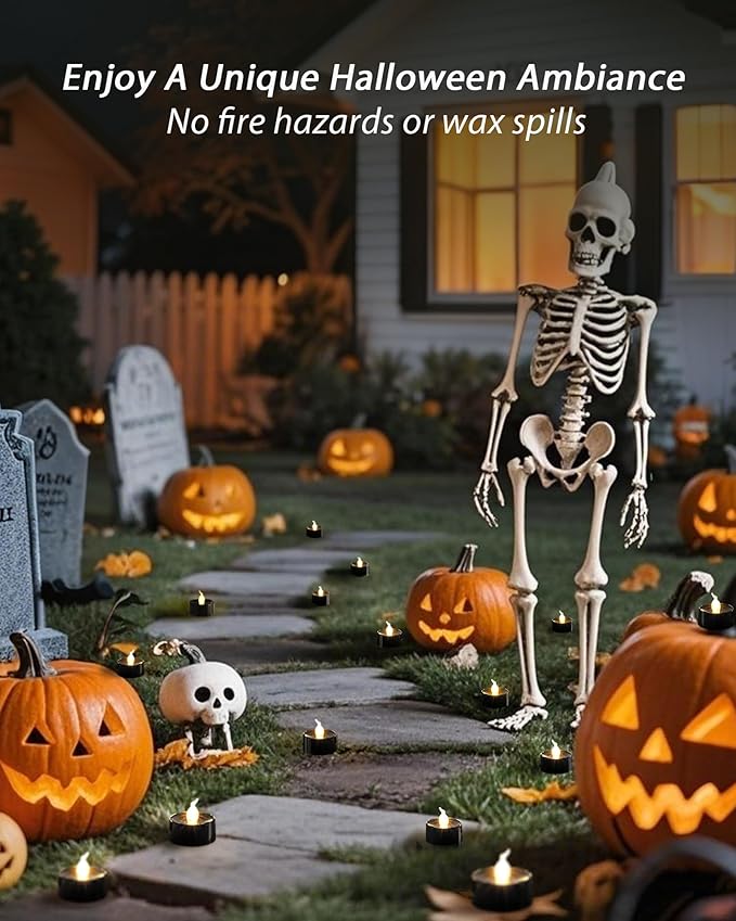 Amagic 30 Pcs Black Flickering Flameless Tea Lights Battery Operated, LED Holiday Fake Candles, 200+ Hours Long Lasting Colored Candle for Halloween, Pumpkin, Ofrenda, Christmas, Party, Home Decor