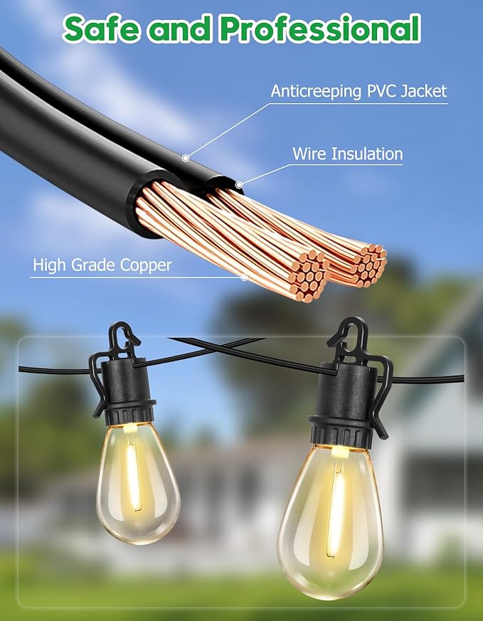 100FT Outdoor String Lights with 52 Shatterproof S14 Vintage Edison Bulbs E12 Sockets,2700K Dimmable Outdoor Lights,IP55 Waterproof LED String Lights for Outside, Patio, Garden, Backyard,Bistro