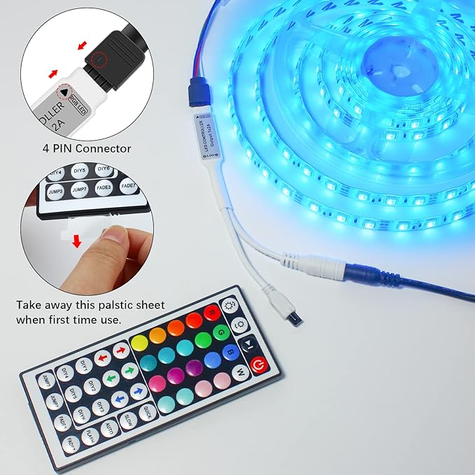 44 Key LED Strip Light Remote Controller, IR Wireless Dimmer with 4-Pin Output for RGB 3528 5050 5630 LED Tape Lights, 12V/24V DC5-24V Power Supply Replacement Remote