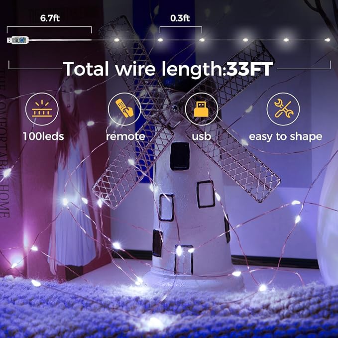 1 Pack 32. 8 ft. USB Powered Fairy Lights with Remote & Timer, 100 LED USB Twinkle String Lights - Silver Wire, 8 Modes, Waterproof, Cool White Starry Lights for Party, Wedding, Christmas