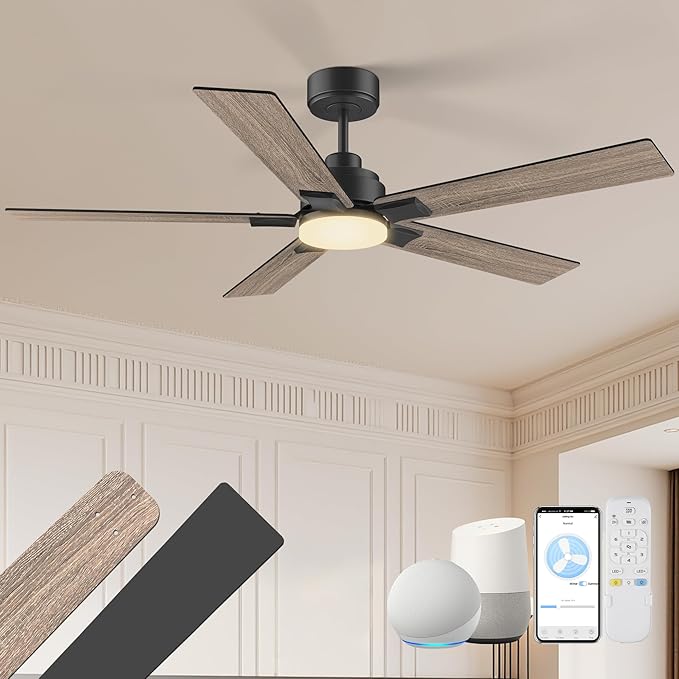 52 Inch Ceiling Fans with Lights,Smart Ceiling Fan with Light and Remote Control,Alexa,APP,WIFI,Black Indoor Outdoor Ceiling Fans for Bedroom,Patio,Porch,5 Blades,Dimmable LED,6 Speed,Quiet DC Motor