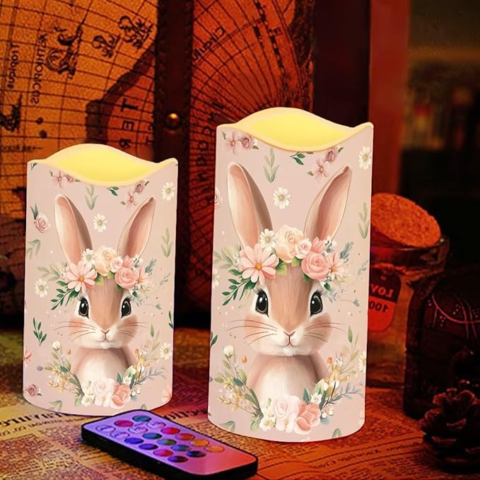 Cute Bunny Pink Floral Plastic Flameless Candles with Remote Control and Timer LED Flickering Battery Operated Color Changing Electric Pillar Candles Easter Decoration