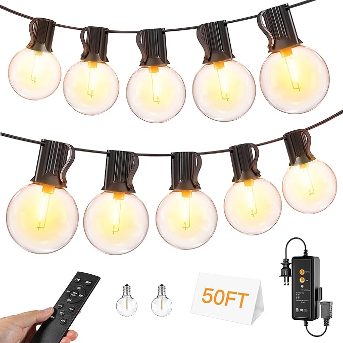 50FT Outdoor String Lights with Remote Dimmer, 25 + 2 Spare Led G40 Bulbs Connectable Dimmable Balcony Lights, Support Timer Waterproof Shatterproof for Patio Porch Garage Cafe