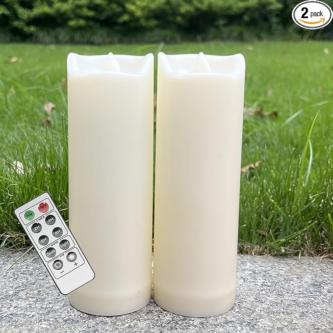 2 Pack LED Flameless Candles with Remote Battery Operated Outdoor LED Lights 2"x 6" Fake Flickering Waterproof Candles for Home Decorations Garden Decor Wedding Party Christmas Party