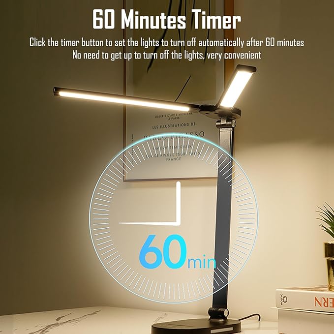 LED Double Head Desk Lamp with Night Light, 5 Color Temp, Slide Steplessly Adjust Brightness, 60 min Timer, Touch Control, Foldable Table Light for Working, Reading (Black Rechargeable)