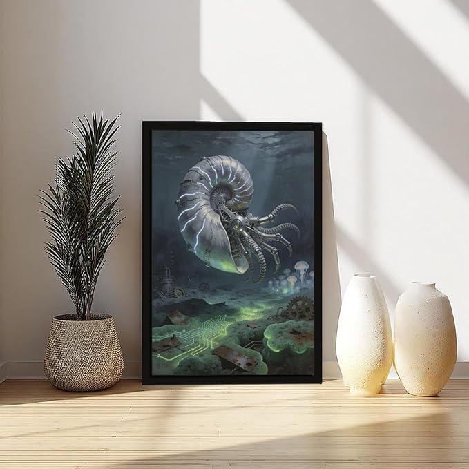 Framed Steampunk Mechanical Nautilus Wall Art - Underwater Industrial Poster for Man Cave Studio Decor 08x12in