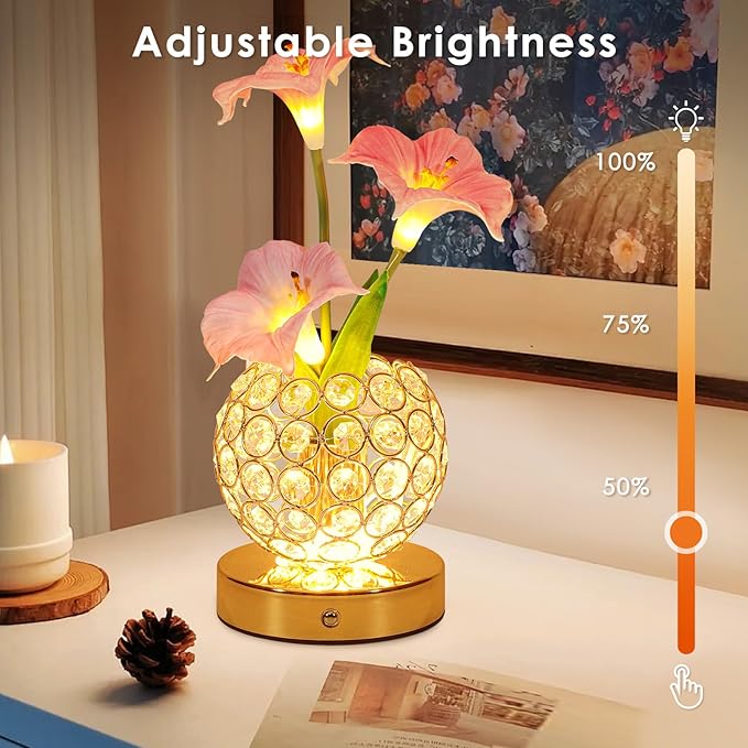 Pink Morning Glory Flowers Table Lamp, Rechargeable Cordless Touch Artificial Flower Crystal Lamp, Kitchen Bedroom Office Decor House Night Light, Birthday Gifts for Women Mom