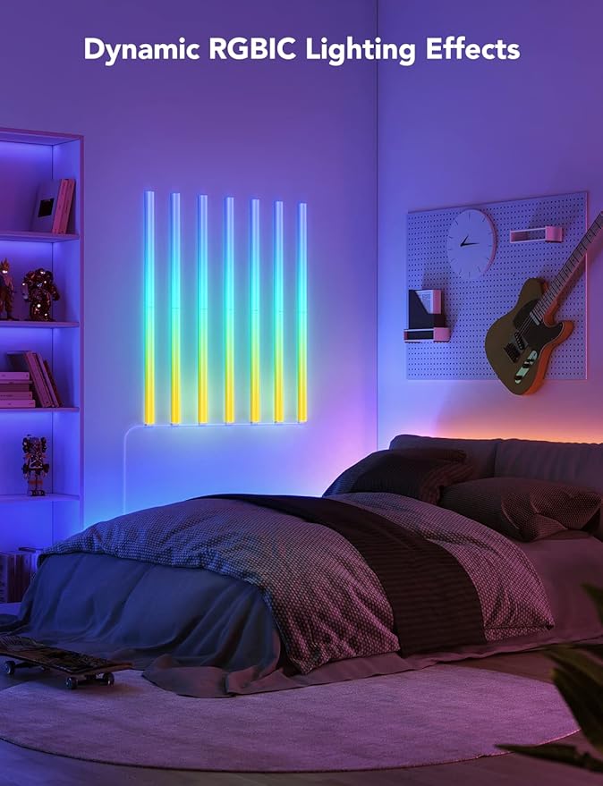 Govee Glide RGBIC Wall Lights, Music Wall Lights Works with Alexa and Google Assistant, Smart LED Light Bars for Bedroom, Living Room, Gaming Room, Party, Music Sync, 7 Panels Set (2 Sections/Panel)