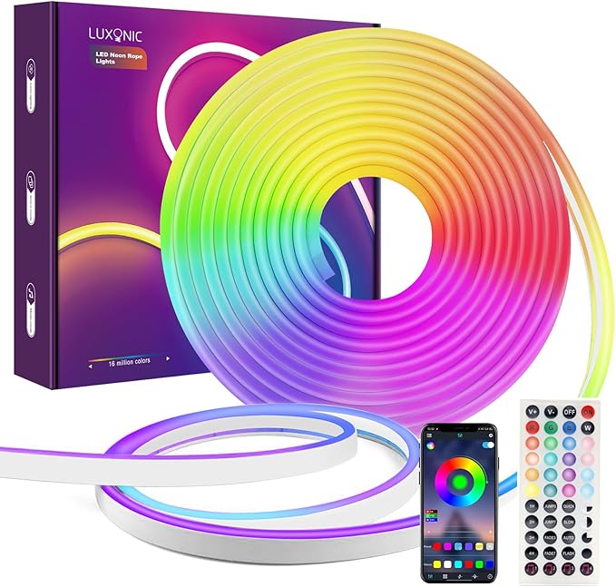 LUXONIC Neon LED Strip Light, 16.4Ft Waterproof RGB Light Strip with App/Remote Control,24V Flexible Rope Lights, Multiple Mode,Music Sync Gaming,Suitable for Indoor Outdoor Decoration