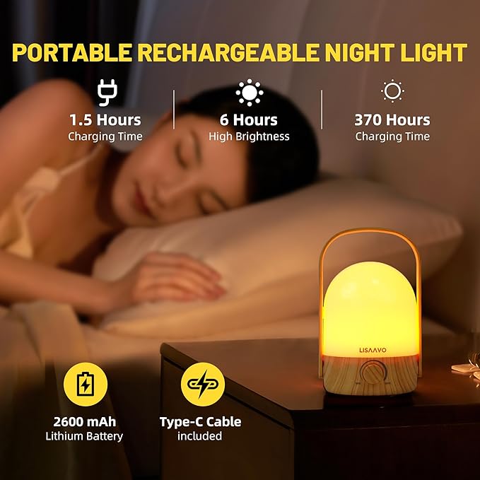 Night Light - Dimmable Touch Lamp with 5 Brightness Colors, with Portable Handle, Type-C Rechargeable with Battery, for Bedroom/Side Table (Wood Bottom)