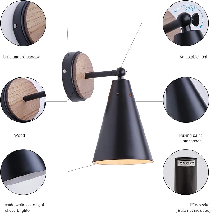 MWZ Rustic Farmhouse Black Metal and Wood Wall Sconce Adjustable Lamp，2 Pack,Rustic Wall Lighting Fixture for Bedroom, Living Room, Headboard, Garage, Porch