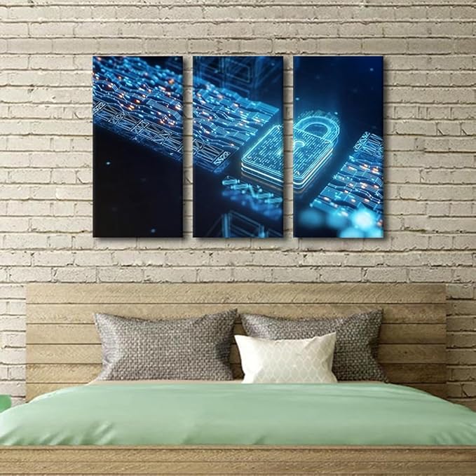 TUMOVO 3 Panel Wall Paintings for Living Room, Lock Icon and Internet Network Security Technology Picture Prints on Canvas for Home Office Wall Decorations Framed Ready to Hang, 36" Wx24 H
