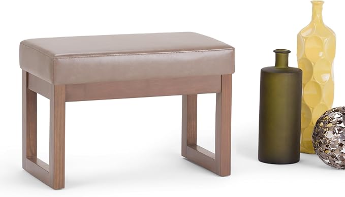 SIMPLIHOME Milltown Small Ottoman Bench - 27 inch Wide Upholstered Vegan Leather Rectangle Footstool Ottoman in Ash Blonde, Contemporary Bench for Bedroom or Living Room with Cushioned Seat, Assembled