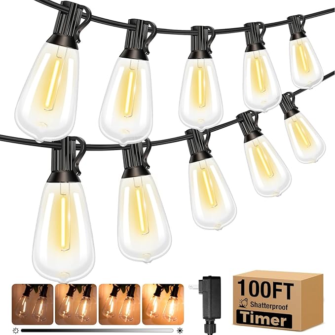litogo 100 FT LED String Lights for Outside, Waterproof Outdoor Patio Lights with Dimmable Edison Bulbs, Warm White Hanging Light with Timer for Backyard Yard Gazebo Party Tent Garden Tree