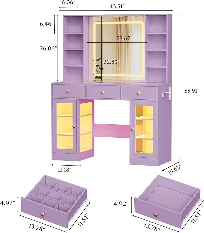 Makeup Vanity Desk with Mirror and Lights, 43" Purple Vanity with Glass Top, Jewelry Storage, 3 Drawers & Glass Cabinets, Power Outlet & Adjustable LED Lights, Dressing Table for Women & Girls Bedroom