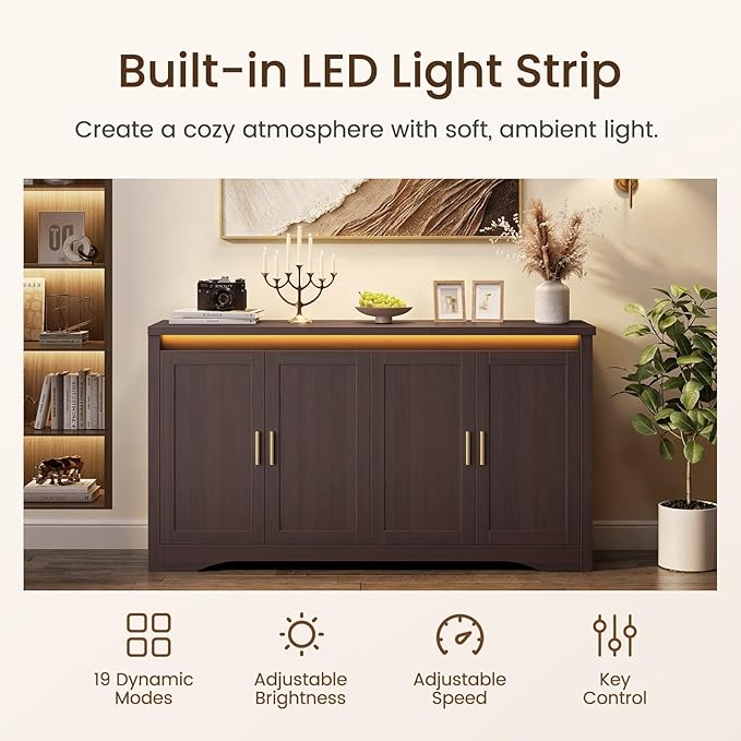 60'' Sideboard Buffet Cabinet with Storage, Modern Coffee Bar Cabinet with Power Outlets, LED Light, 4 Doors & Adjustable Shelves, Buffet Table for Kitchen, Dining Room, Living Room, Walnut