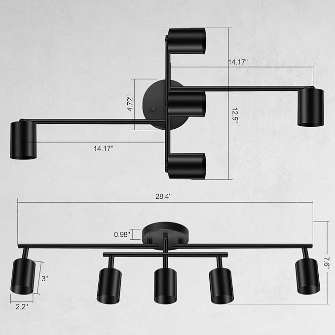 BoostArea 5 Light Track Lighting Kit, Black 5 Way Ceiling Spot Lighting, Center Swivel Track Light Heads, Flexibly Rotatable Light Head for Kitchen, Living Room, Bedroom, GU10 Bulb Not Included