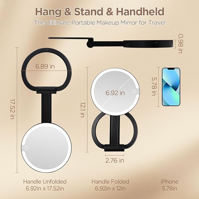 Lighted Makeup Mirror with 3 Color Modes & Dimmable Brightness, 360° Rotation, Double-Sided 1X/10X Magnifying Mirror, Rechargeable Portable Vanity Mirror for Home and Travel, Touch Control - White