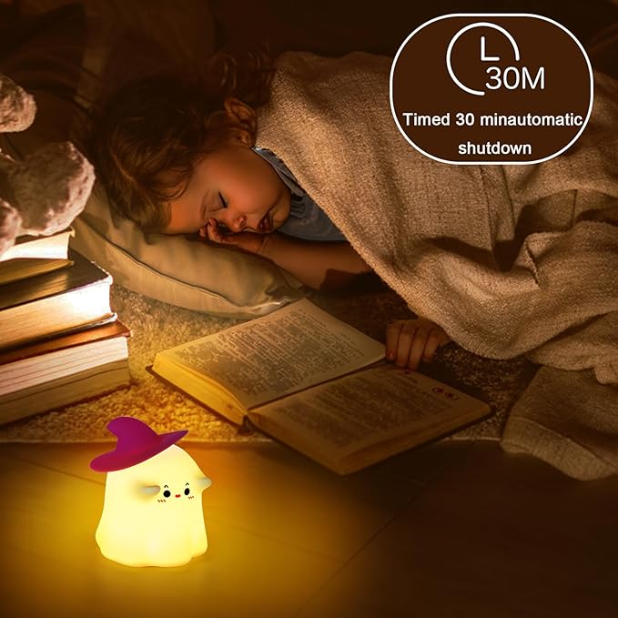 Ghost Night Light, Cute LED Silicone Lamp,Dimmable Bedside Bedside LED Lamp, Rechargeable Nursery Nightlight, with 30 Minute Timer Touch Lamp for Birthday Halloween Christmas Bedroom Decorations