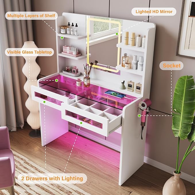 Vanity Desk with LED Lights Mirror & Power Outlet, Transparent Top Vanity with 2 RGB Drawers, 3 Lighting Modes & Adjustable Brightness, Dressing Table for Women Girls Bedroom, White Plus
