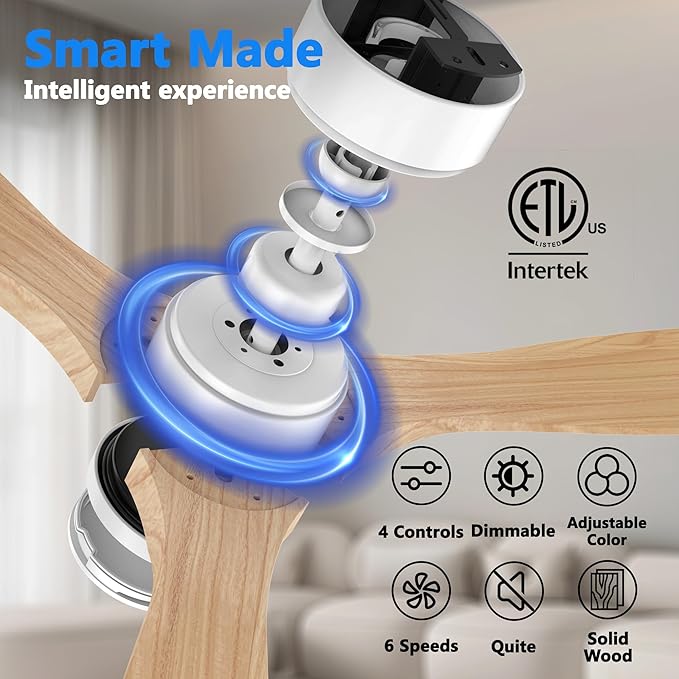 52 Inch Wood Smart Ceiling Fans with Lights Remote,Voice Control via WIFI Alexa App,Quiet DC Motor,Outdoor Indoor Ceiling Fan,Dimmable,Modern Light Wood Lighting & Fan for Bedroom Patio Porch