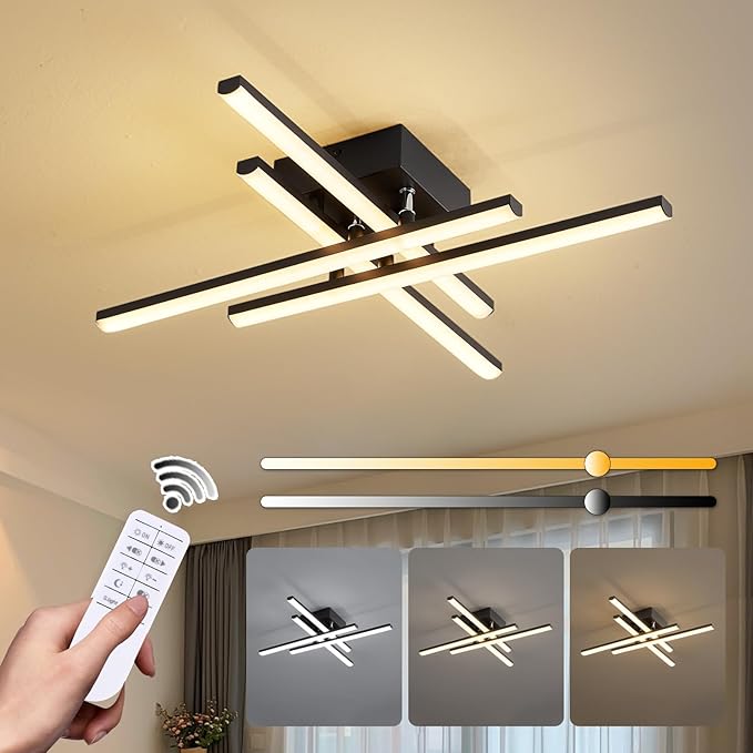 Modern LED Ceiling Light with Remote, Dimmable 24in Ceiling Lights for Bedroom Living Dining Room Kitchen, Black Flush Mount Ceiling Light Fixture LED Chandelier Ceiling Lamp (4-Light, 2000lm)