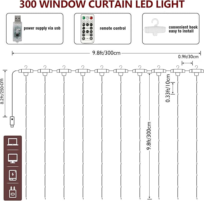 HOME LIGHTING Window Curtain String Lights, 300 LED 8 Lighting Modes Fairy Copper Light with Remote, USB Powered for Halloween Christmas Bedroom Party Wedding Home Garden Wall Decorations, Purple