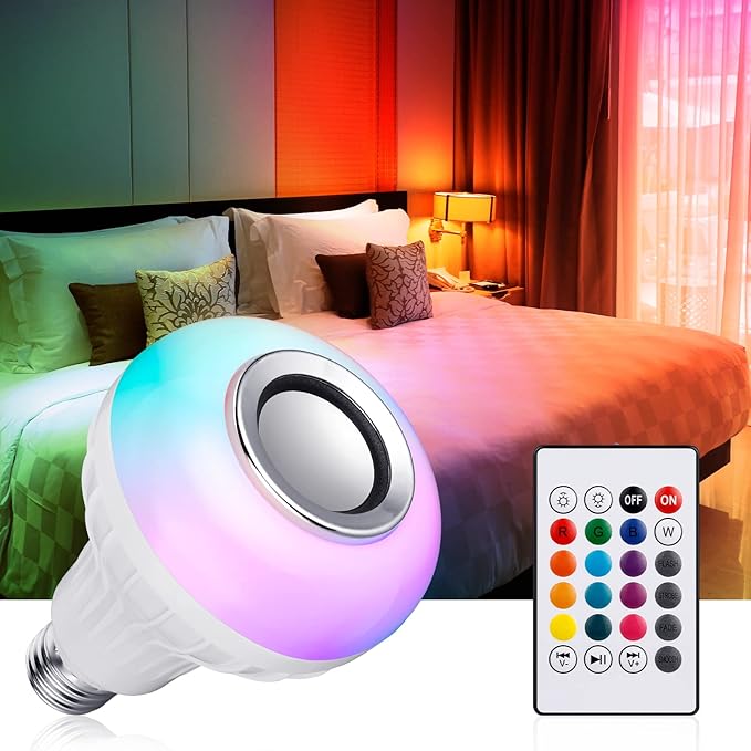 LED Light Bulb Bluetooth Speaker with Remote Control and APP, White+Color Changing - Works with E26 Base Fixture - Perfect Lamp for Home, Party, Bedroom, Indoor Floodlight Bulb