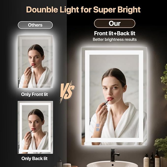 36x28 Bathroom Mirror with Light, Anti-Fog Wall Mount Vanity Mirror Dimmable & 3 Color Temperatures, Smart Memory Large Mirrors for Over Sink, UL Listed, Plug in or Hardwire Installation