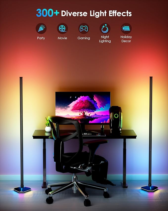 KFM 2PCS Corner Floor Lamp, LED Corner Lamp with App and Remote Control, Modern Floor Lamp with Music Sync and Illuminated Base, Color Changing Standing Lamp for Bedroom Living Room