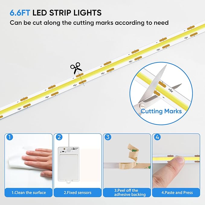 OMIKA COB Rechargeable LED Strip Light, 6.56ft 640LEDs 6000K Cool White Battery Powered LED Strip Light, Closet Lights Motion Sensored, Under Cabinet Lights for Bed, Locker, Wardrobe, Shelves