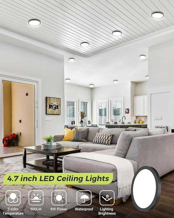 6PACK LED Flush Mount Ceiling Light Fixture Black,4.7Inch 3000k/4500k/6000K Ceiling Light, Ultra-Thin LED Recessed Ceiling Light for Bedroom, Living Room, Kitchen, Hallway