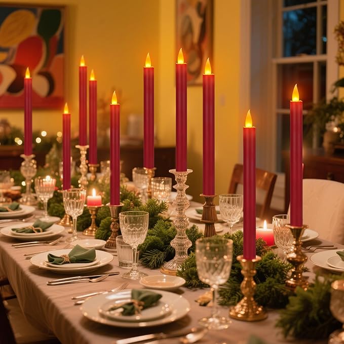 Flameless Taper Candles 10" Dripless Battery Operated Taper Candles Included Remote Timer 400+ Hours by 2AA Batteries for Halloween Christmas Wedding (Burgundy, 6 Pack)