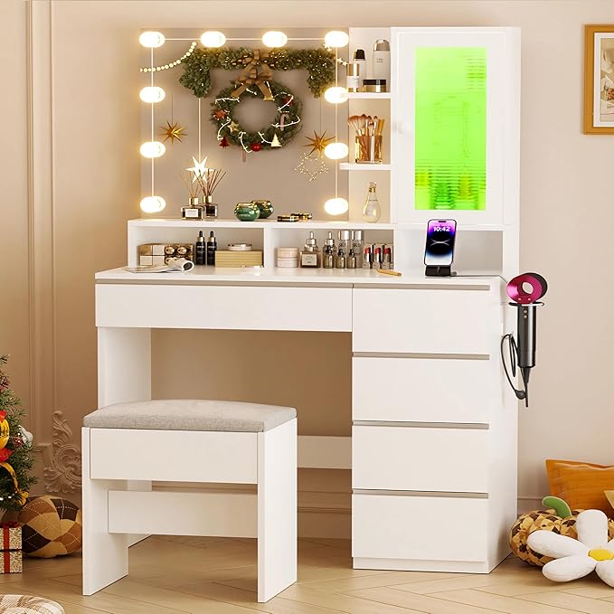 Vanity Desk with LED Lights Mirror, 35.43" Modern Makeup Table with 6 Storage Drawers & Stool for Ladies and Girls, RGB Light Makeup Desk with Power Outlet for Bedroom Dressing Room, White