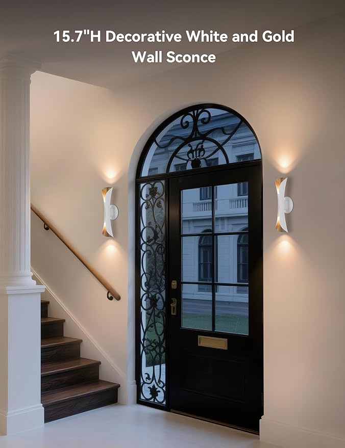 Tubicen Wall Sconces Dimmable Mid Century Theater Room Sconce Lights Up and Down Hardwired Modern Indoor Elegant Wall Lights for Living Room Bedroom Hallway Stair 15.7" H White and Gold