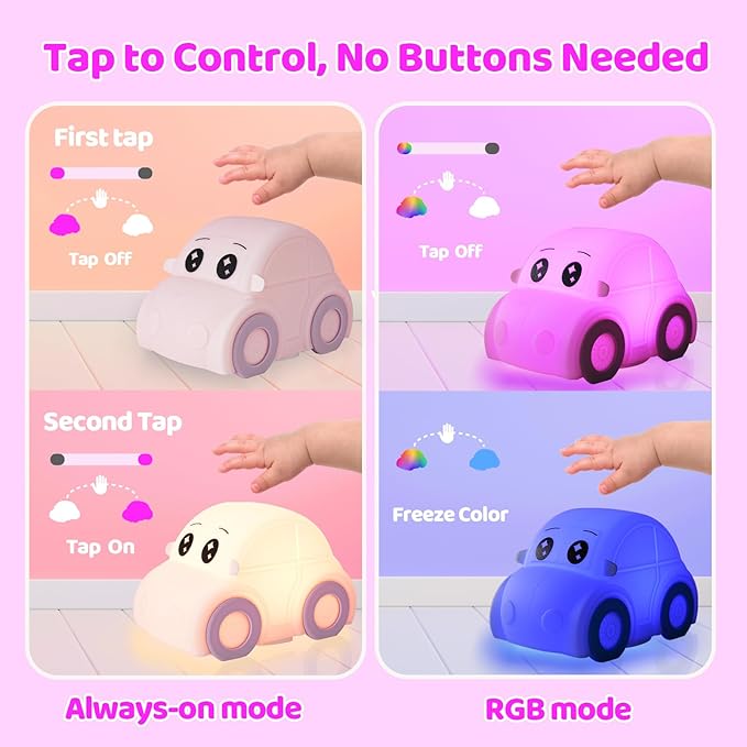 Cute Baby Toddler Car Kids Night Light for Kids, Dimmable+1800mAh Rechargeable+Timer+Portable+Silicone+Squishy, Touch Breastfeeding Bedside Night Lamp, Funny Girls Boy Gifts