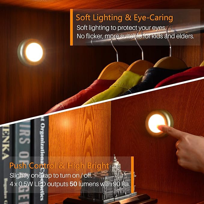 STAR-SPANGLED 5 Pack 2.8” Push Tap Lights, Stick on Touch Puck Lights AAA Battery Operated, LED Sticky Button Lamps for Classroom, Kitchen, Under Cabinet, Closet (Golden, Warm White)