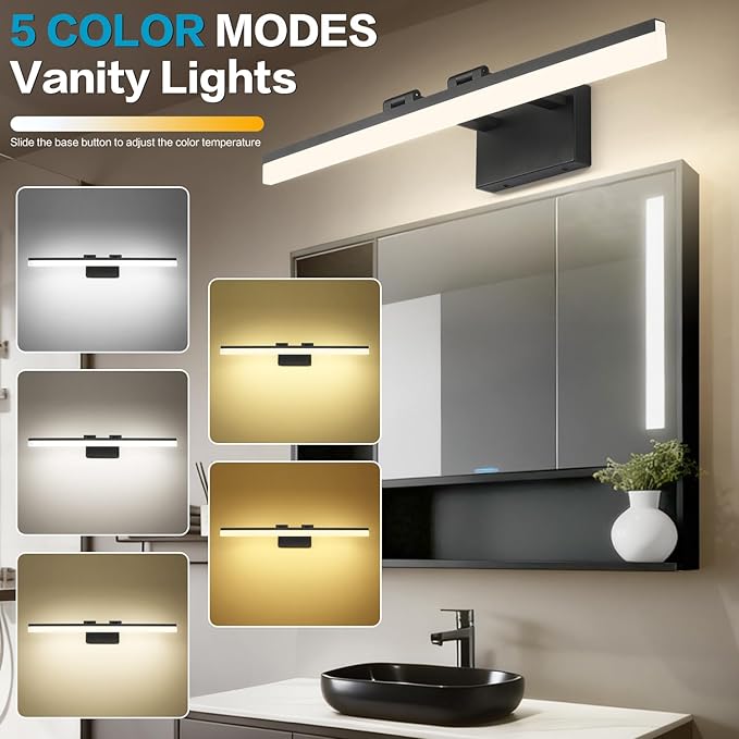 SOLFART 31.5 Inch 5 Color Adjustable Vanity Lights Over Mirror Vanity Lighting Fixtures for Bath Matt Black Bathroom Light Fixtures Over Mirror Black Led Modern Light Bar 5CCT