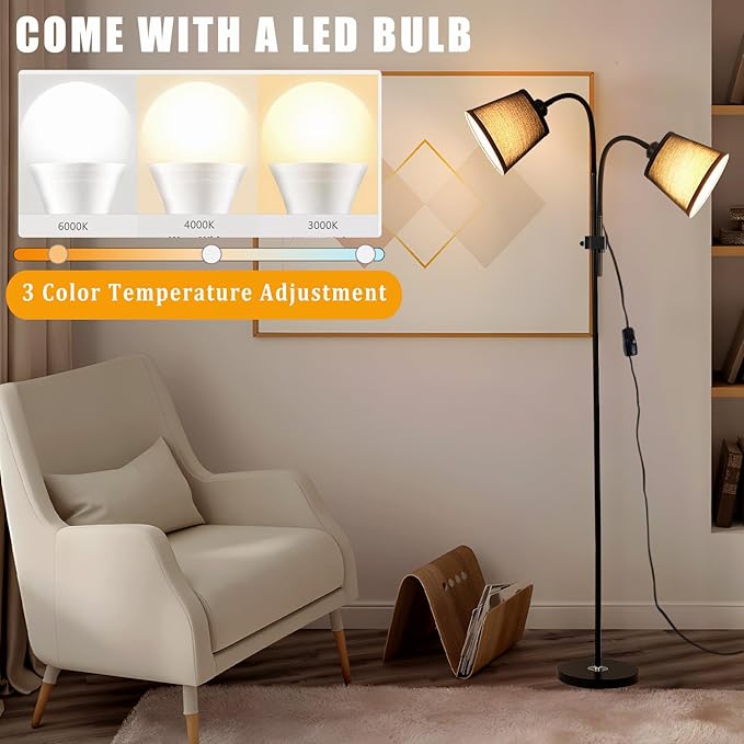 AoMck Floor Lamp, Industrial Metal Floor Lamps for Living Room with Adjustable Bendable 2 in 1 Reading Table Lamps for Living Room Bedroom Office (B2+Black)